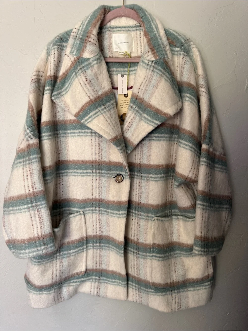 Anthropologie Cream Plaid Pea Coat with Blue-Green and Brown Stripes